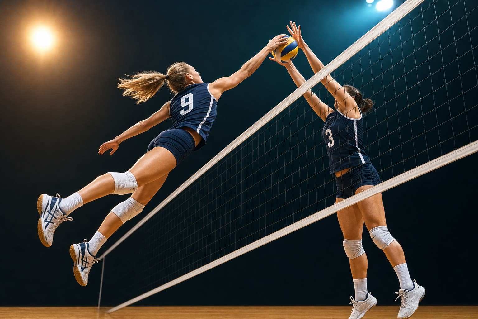 Netz-Duell — Angriff trifft Block in der Luft, Ball im letzten Millimeter
